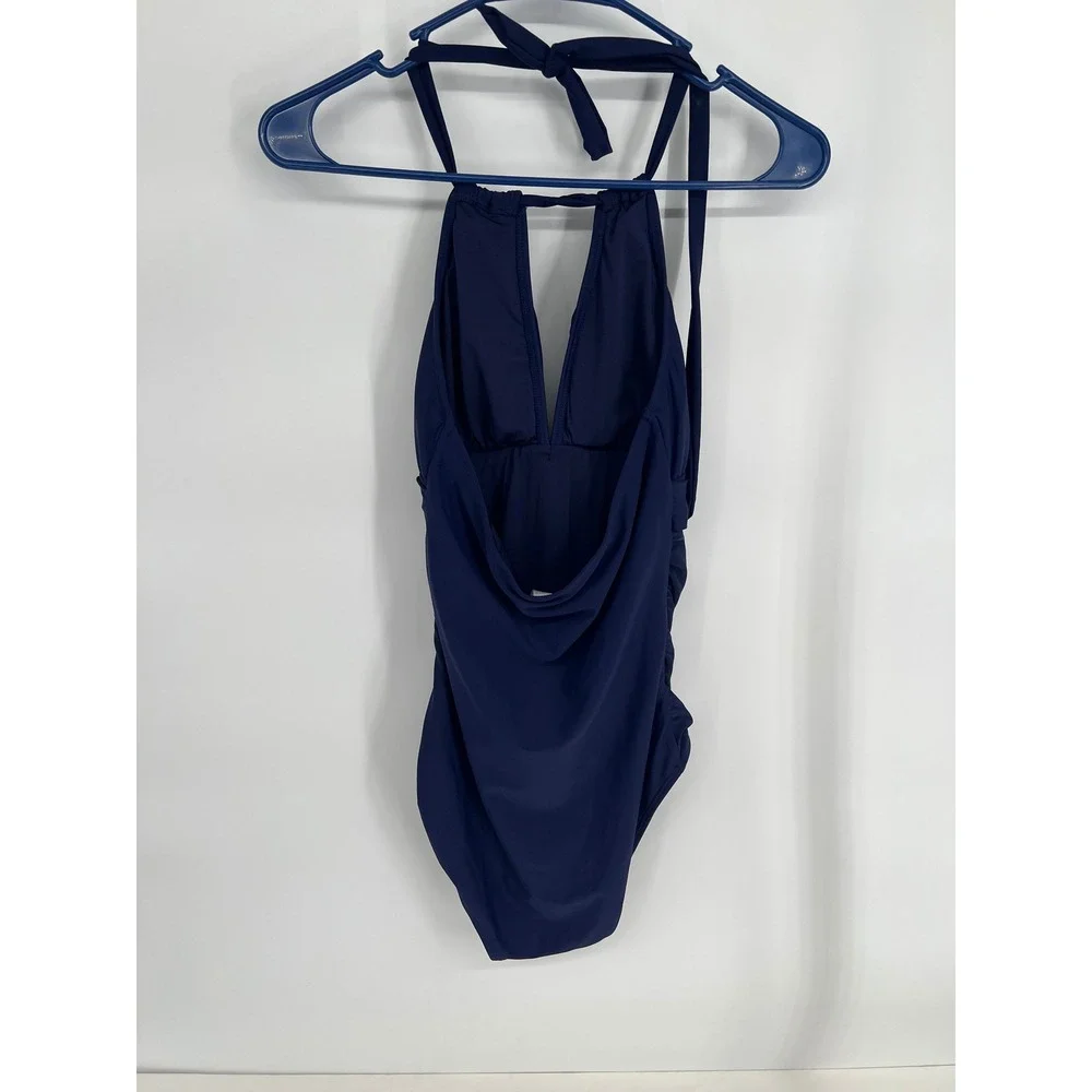 Tempt Me Womens Navy Blue Halter One Piece Swimsuit Ruched‎ V-Neck Size S